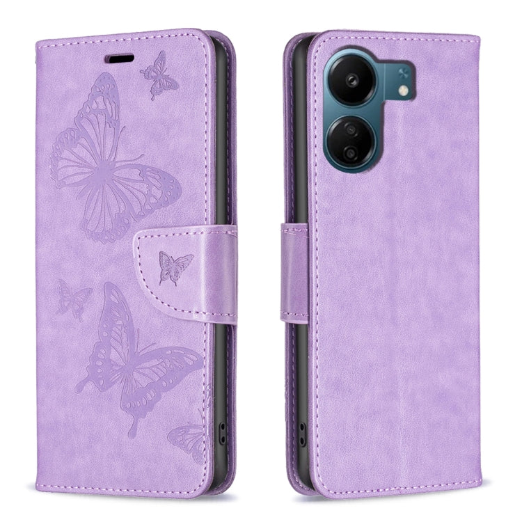 Lavender embossed leather phone case with butterfly print and flip strap, camera cutout
