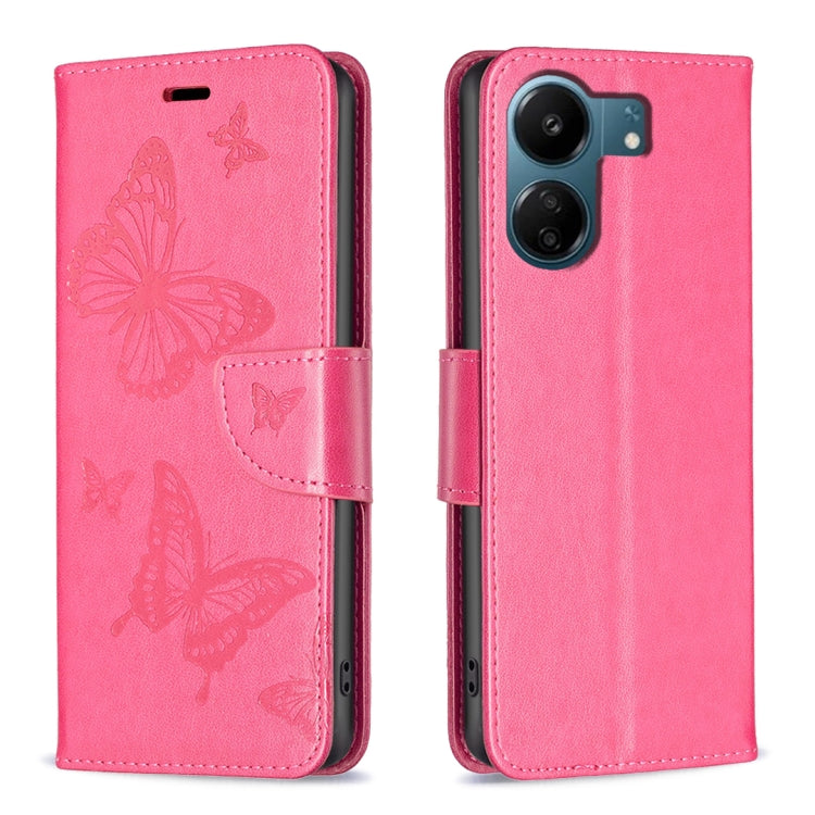 Pink embossed leather phone case with butterfly pattern and folio strap closure