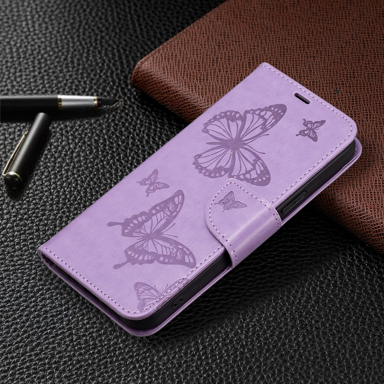 Purple embossed butterfly flip phone case with side strap and fold-over front cover