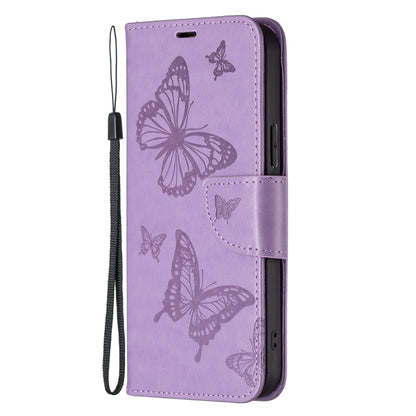 Purple embossed butterfly phone case with wrist strap and flip cover