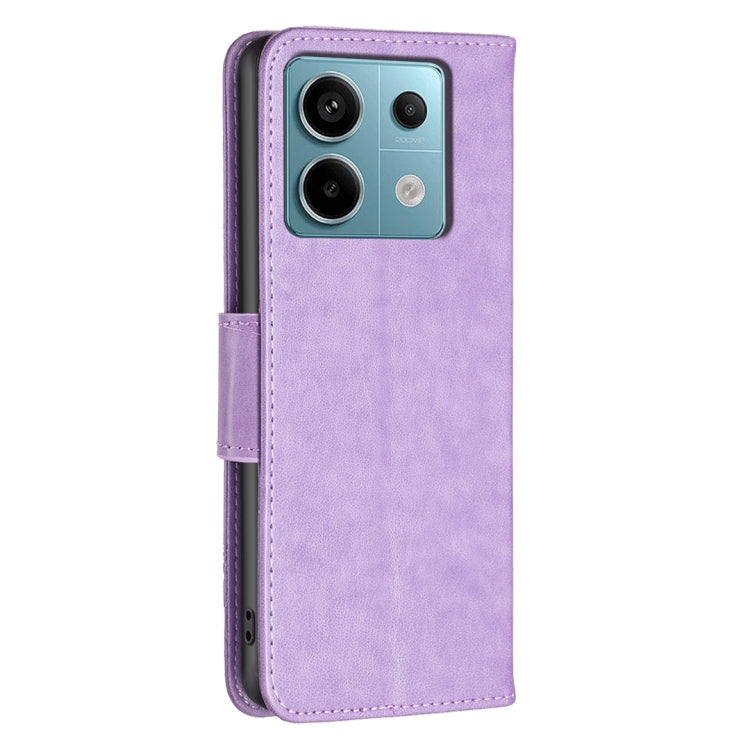Purple leather-style phone case with embossed butterfly design and camera cutout