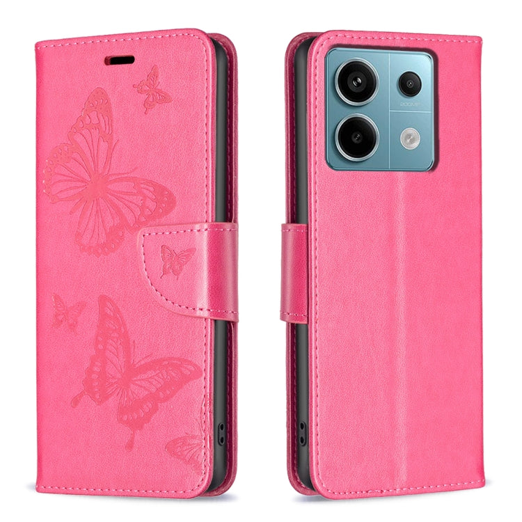 Rose red embossed butterfly leather-style phone case with flip cover and camera cutout