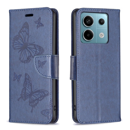 Blue embossed butterfly leather-style phone case with flip cover and camera cutout