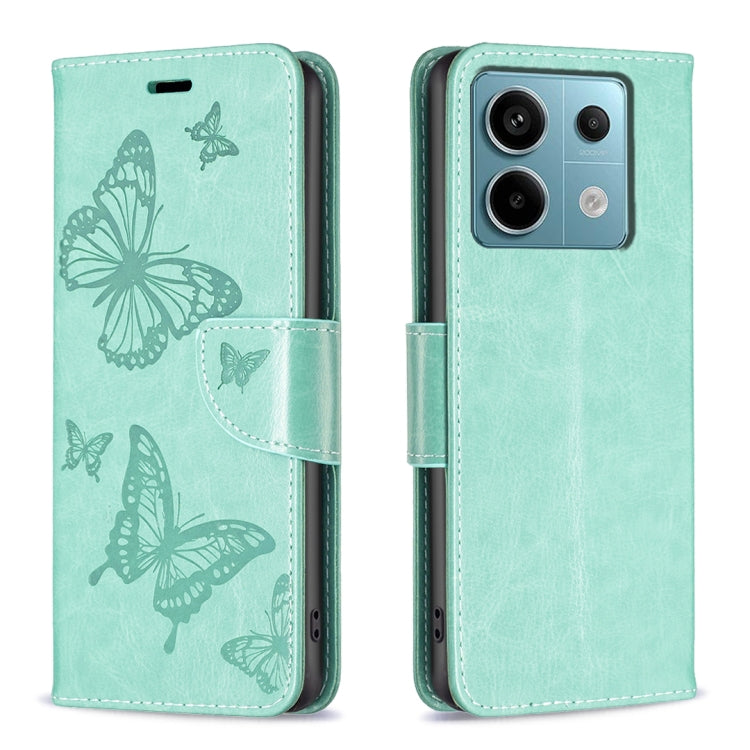 Mint green embossed butterfly leather flip phone case with card holder and strap