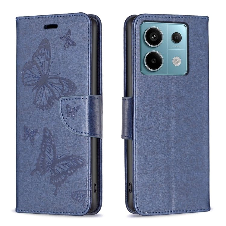 Blue embossed butterfly leather flip phone case with card holder and side strap