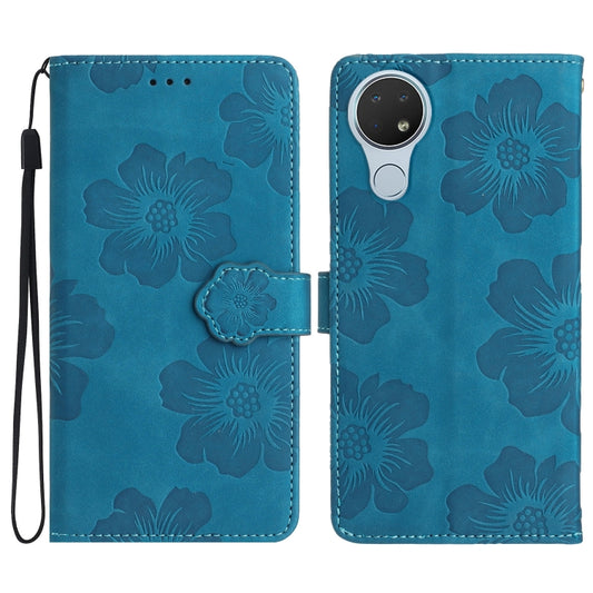 Blue floral embossed leather folio phone case with wrist strap and magnetic buckle