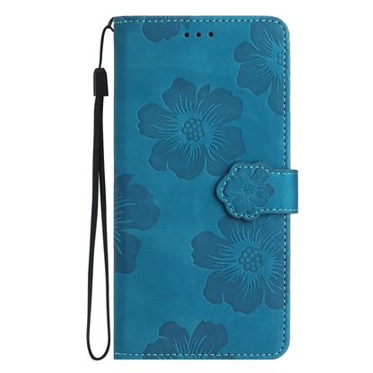 Blue floral embossed leather folio phone case with magnetic clasp and wrist strap