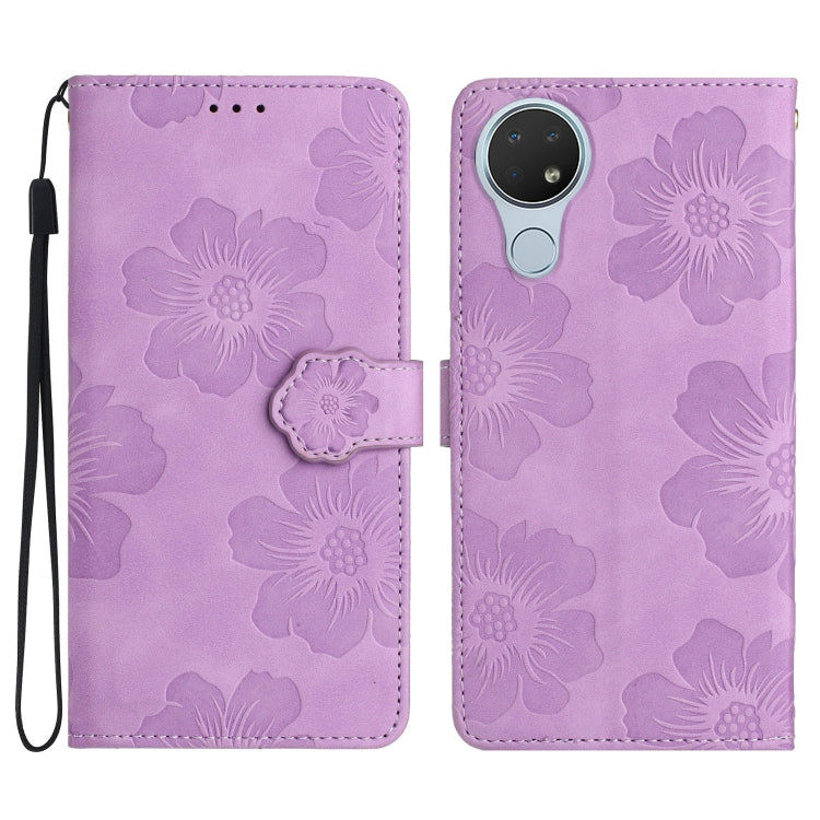 Purple floral embossed leather folio phone case with wrist strap and magnetic buckle