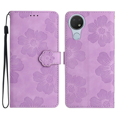 Purple floral embossed leather folio phone case with wrist strap and magnetic buckle