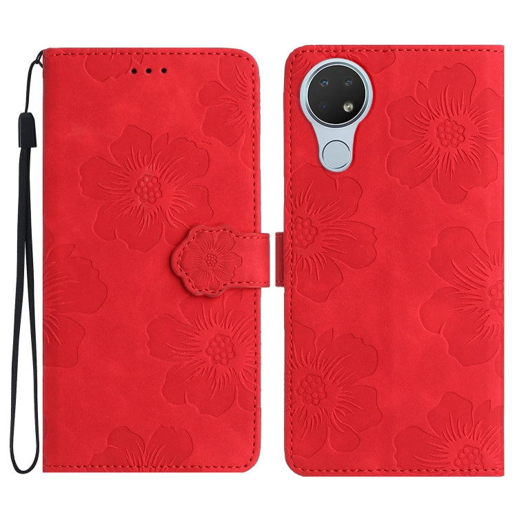 Red floral embossed leather folio phone case with wrist strap and magnetic buckle