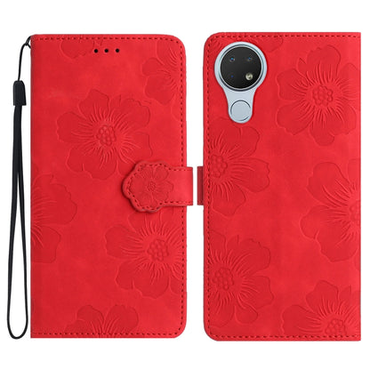 Red floral embossed leather folio phone case with wrist strap and magnetic buckle
