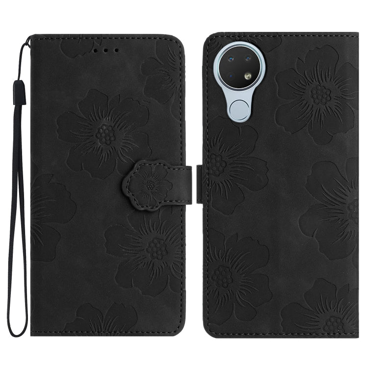 Black embossed flower leather phone folio case with wrist strap and card holder