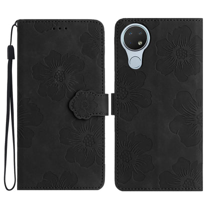 Black embossed flower leather phone folio case with wrist strap and card holder