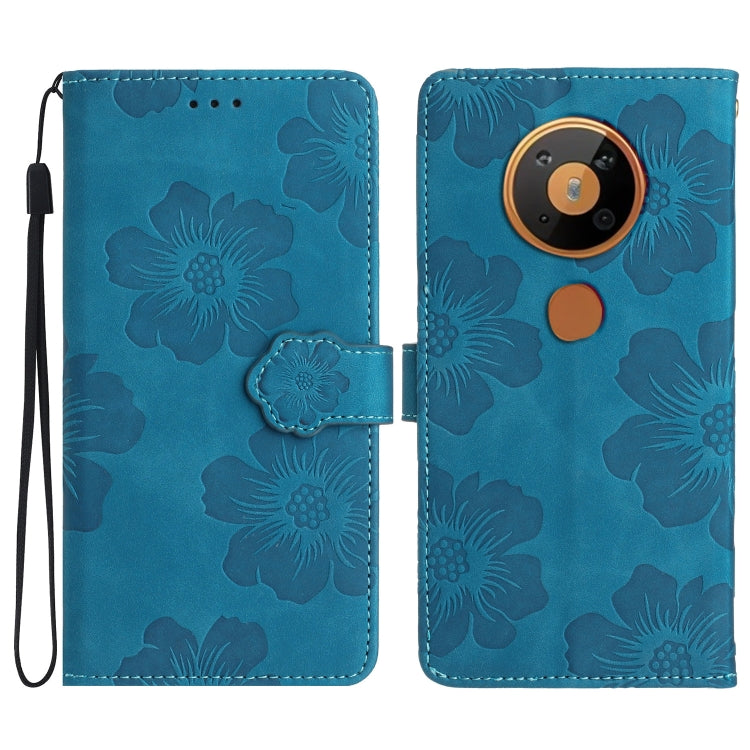Blue embossed flower leather phone folio case with wrist strap and flip cover