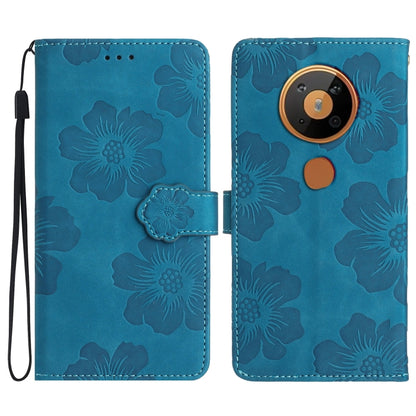 Blue embossed flower leather phone folio case with wrist strap and flip cover