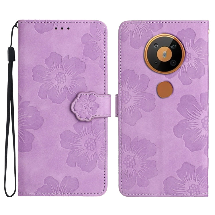 Purple embossed flower leather phone folio case with wrist strap and flip cover