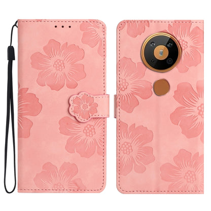 Pink embossed flower leather phone folio case with wrist strap and flip cover