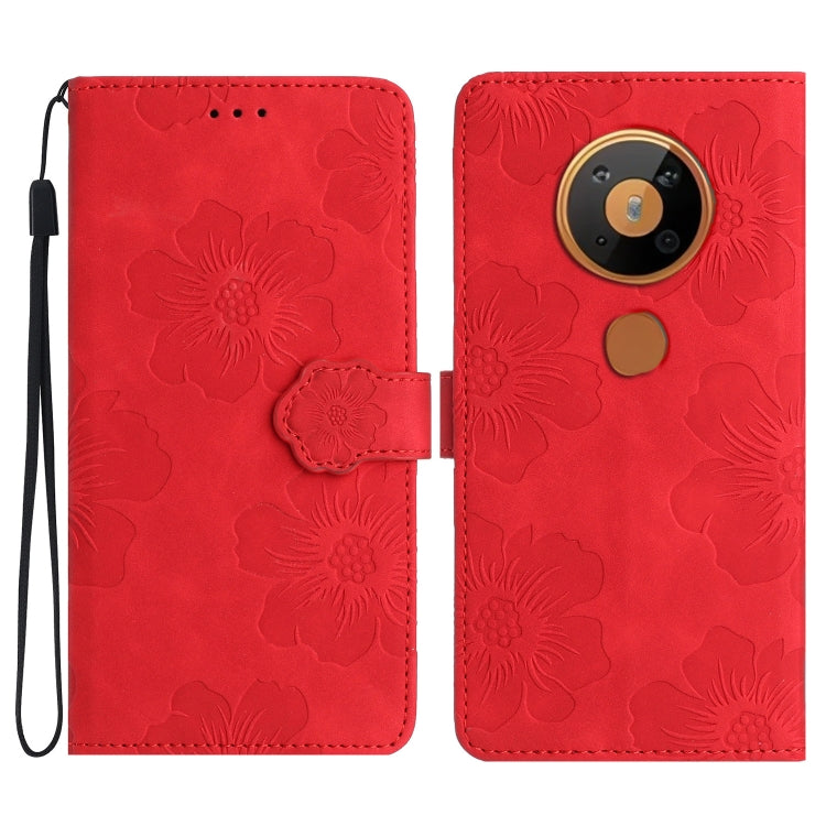 Red embossed flower leather phone folio case with wrist strap and flip cover