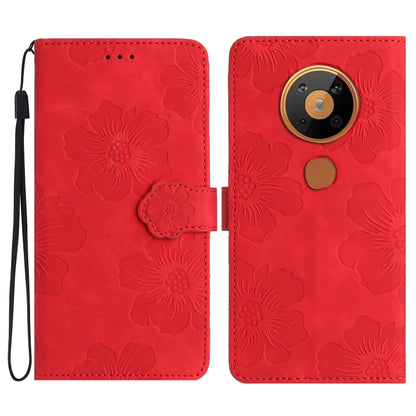 Red embossed flower leather phone folio case with wrist strap and flip cover