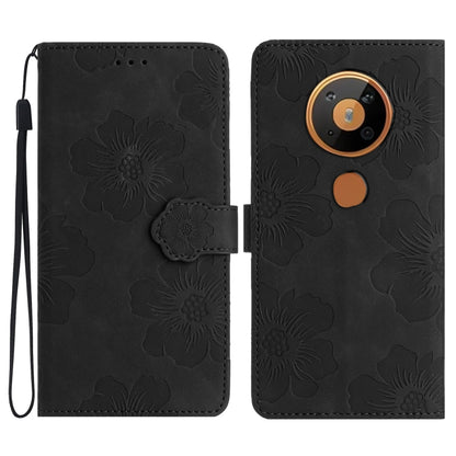 Black embossed flower leather phone folio case with wrist strap and camera cutout