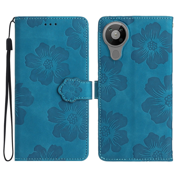 Blue embossed flower leather phone folio case with wrist strap and camera cutout
