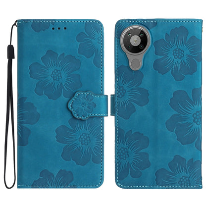 Blue embossed flower leather phone folio case with wrist strap and camera cutout