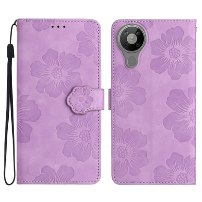 Purple embossed flower leather phone folio case with wrist strap and camera cutout
