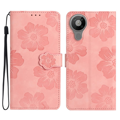Pink embossed flower leather phone folio case with wrist strap and camera cutout
