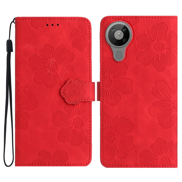 Red embossed flower leather phone folio case with wrist strap and camera cutout