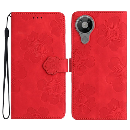 Red embossed flower leather phone folio case with wrist strap and camera cutout