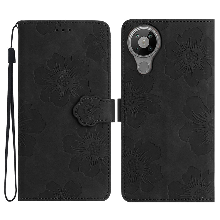 Black embossed floral leather folio phone case with wrist strap and clasp