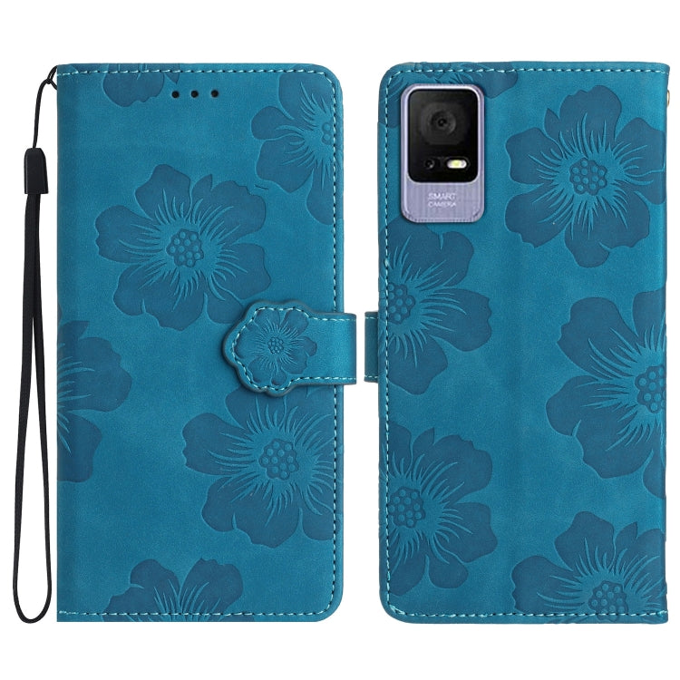 Blue embossed flower leather phone wallet case with wrist strap and magnetic flap