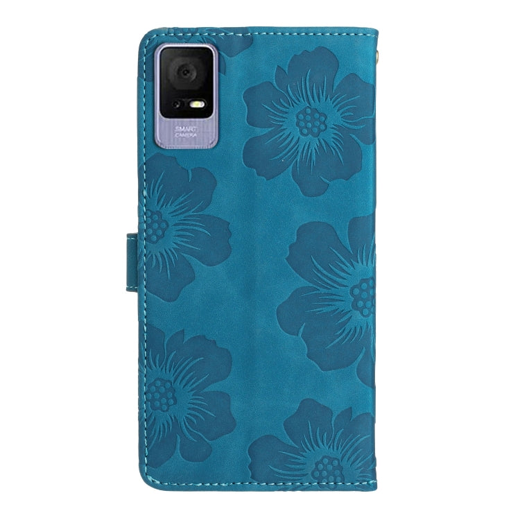 Blue embossed flower leather phone case with camera cutout and stitched edges