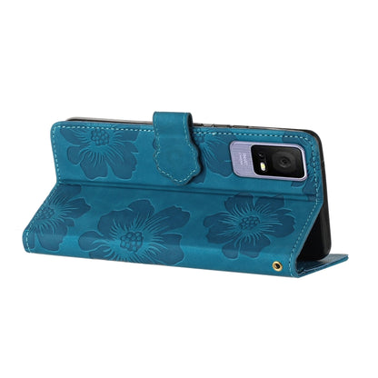 Blue embossed flower leather folio phone case with stand cover and snap closure