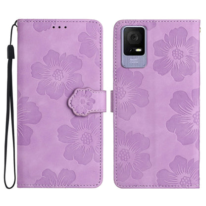 Purple embossed flower leather phone wallet case with wrist strap and stitched flap