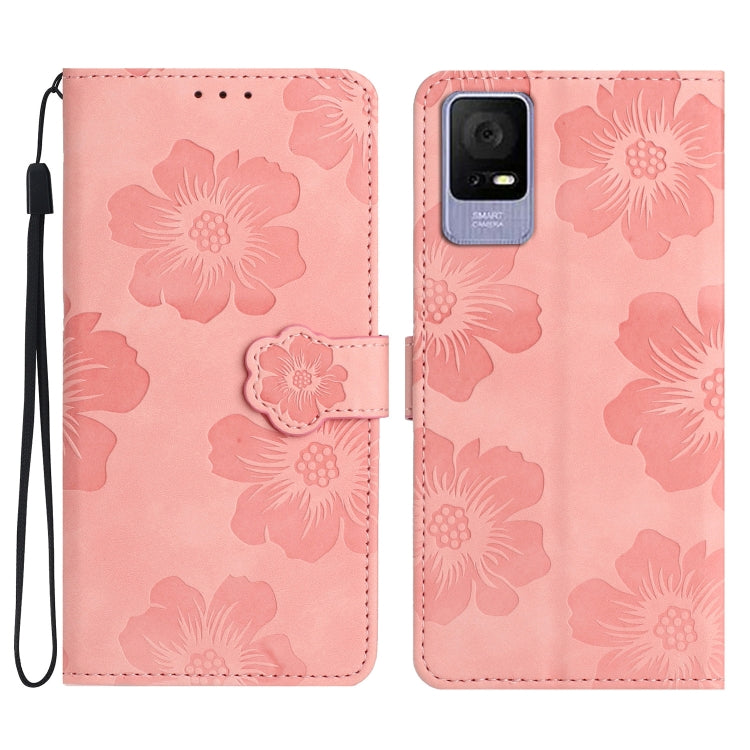 Pink embossed flower leather phone wallet case with wrist strap and magnetic closure