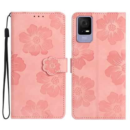 Pink embossed flower leather phone wallet case with wrist strap and magnetic closure
