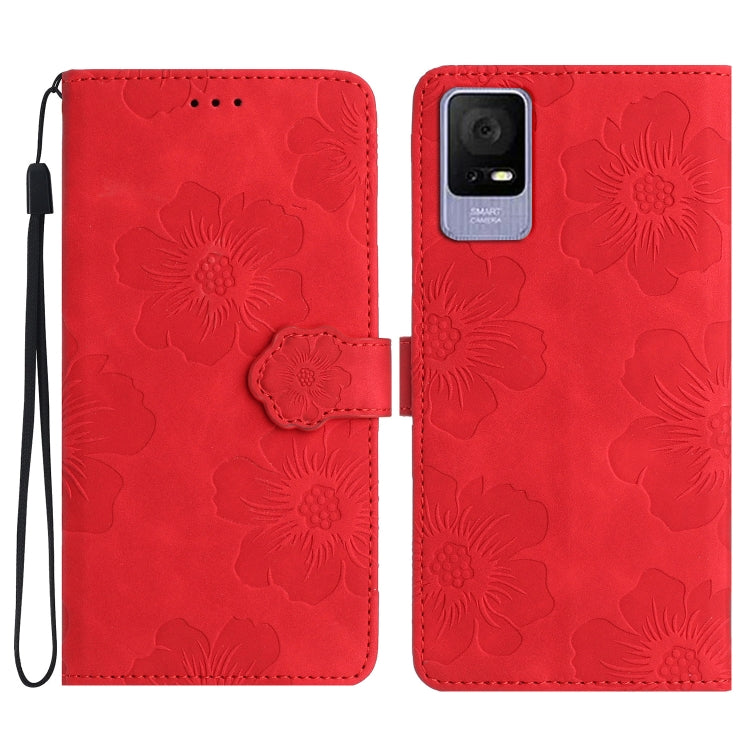 Red embossed flower leather phone wallet case with wrist strap and stitched flap