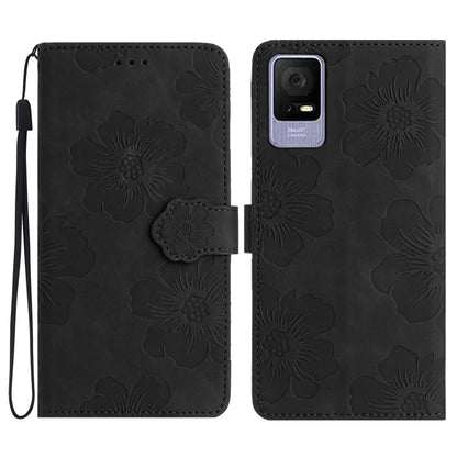 Black flower-embossed leather phone case with folio cover and wrist strap