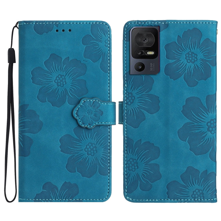 Blue flower-embossed leather phone case with folio cover and wrist strap