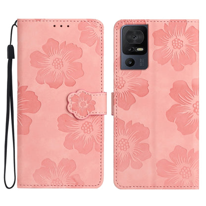 Pink flower-embossed leather phone case with folio cover and wrist strap