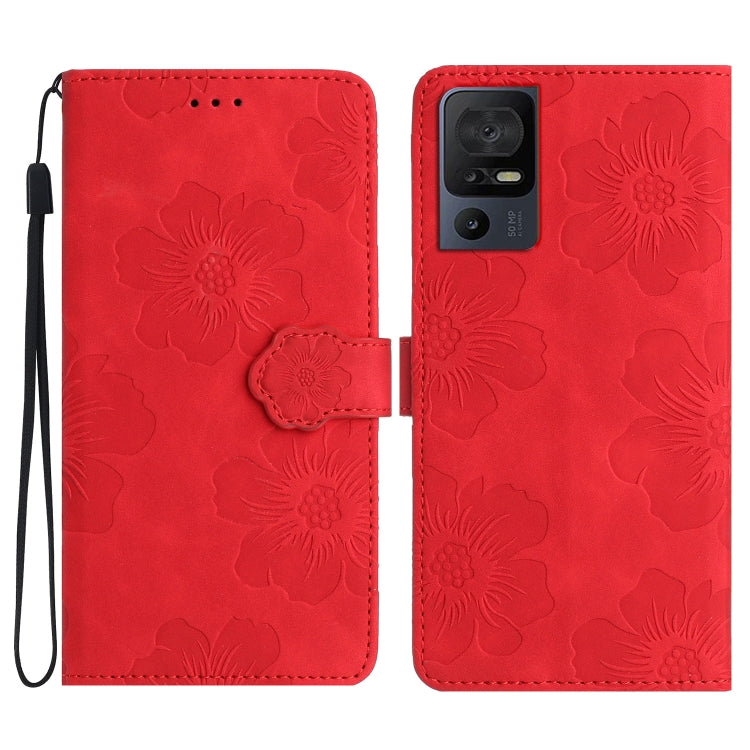 Red flower-embossed leather phone case with folio cover and wrist strap