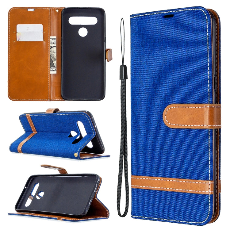 Blue denim wallet flip phone case with card slots, phone holder, and lanyard strap