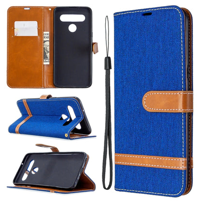 Blue denim wallet flip phone case with card slots, phone holder, and lanyard strap