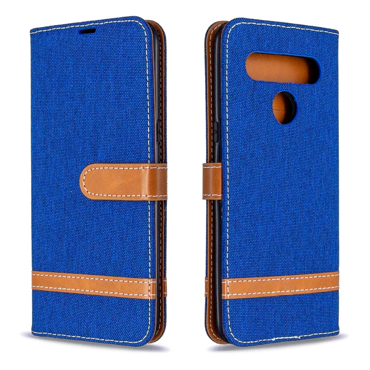 Blue denim leather wallet phone case, front with camera cutout and back view