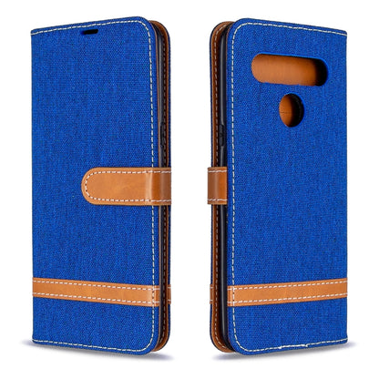 Blue denim leather wallet phone case, front with camera cutout and back view