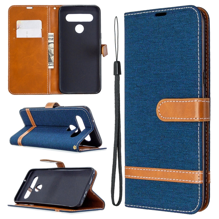 Blue denim wallet flip phone case with card slots, phone holder, and lanyard strap