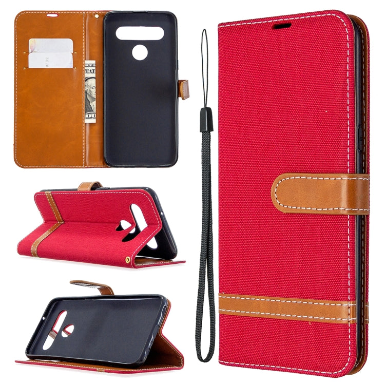 Red denim wallet flip phone case with card slots, phone holder, and lanyard strap