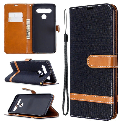 Navy denim-texture flip leather phone case with lanyard, card slots, and stand holder