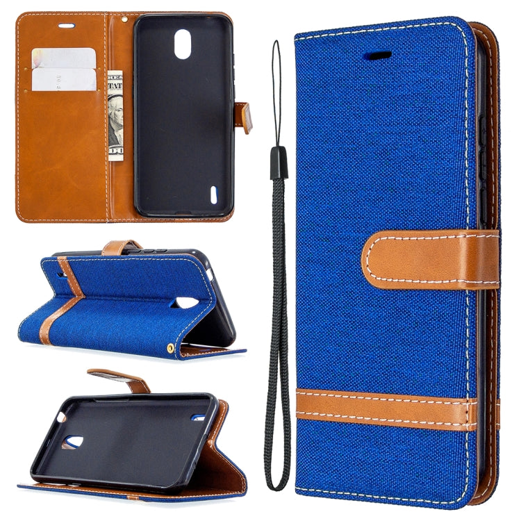 Blue denim-texture flip leather phone case with lanyard, card slots, and stand holder